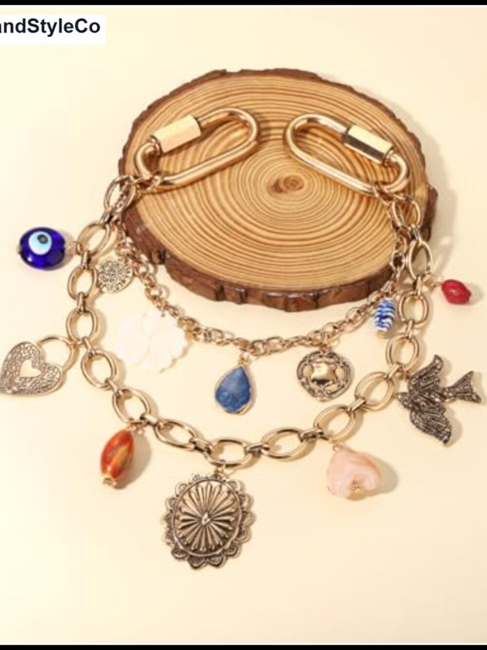 Vintage Gold Chain Bag Charm Purse Extender Evil Eye Heart Boho - Picture 2 of 5